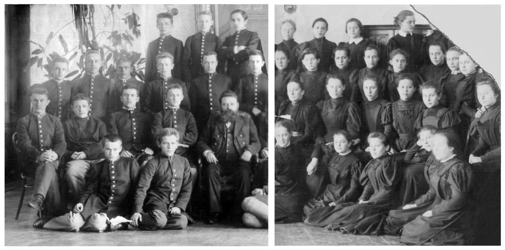 Карсаевский М.Ф. (сидит на стуле, третий слева) и Ястребова А.А (нижний ряд на полу, вторая с права) мужская и женская гимназии, г.Пенза, 1989-1900г.г.