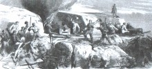 Оборона Таганрога, Крымская война, Матросы французского фрегата «Касик» уничтожают русскую батарею на мысу Ак-Бурун. Рисунок Дюрана-Браже.