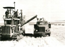 Уборка хлеба комбайнами, прицепными и современными.